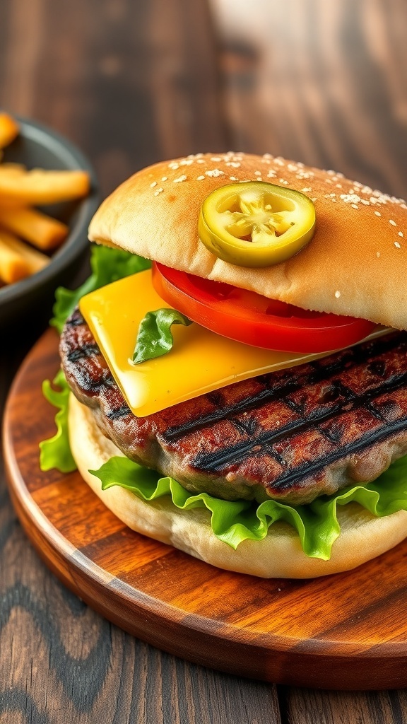 Classic Beef Hamburger Patty Recipe A juicy hamburger patty on a bun with lettuce, tomato, and cheese, accompanied by fries.